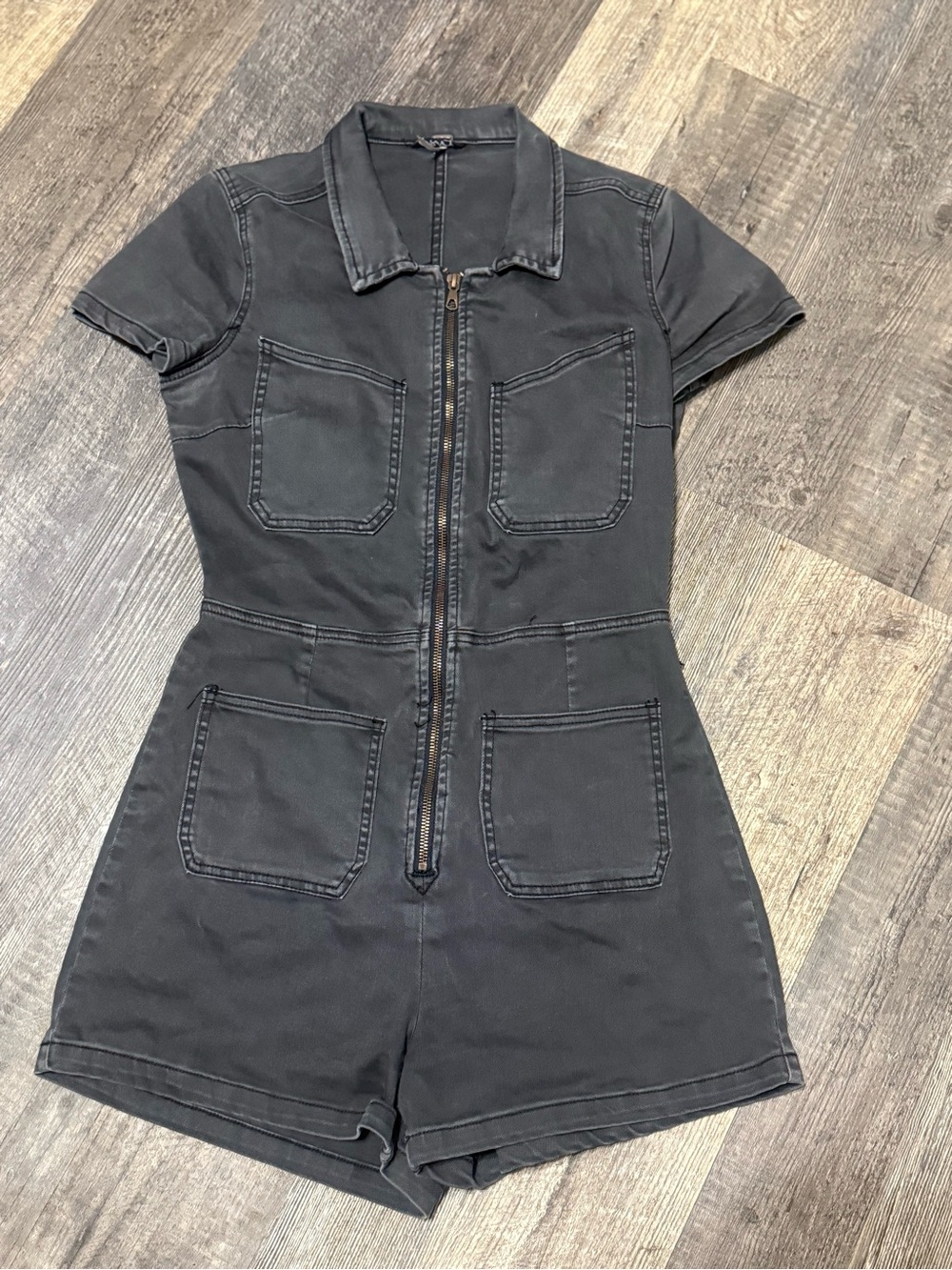 Free People Washed Black Utility Zip Front Romper Size 8